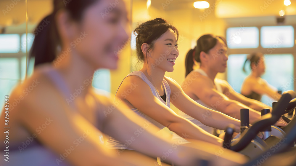 A group of Asian people working out in the gym, riding bicycles and smiling at each other A group of Asian people working out in the gym, riding bicycles and smiling at each other