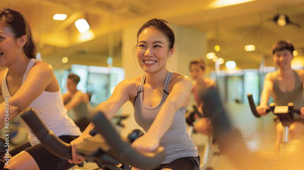 A group of Asian people working out in the gym, riding bicycles and smiling at each other