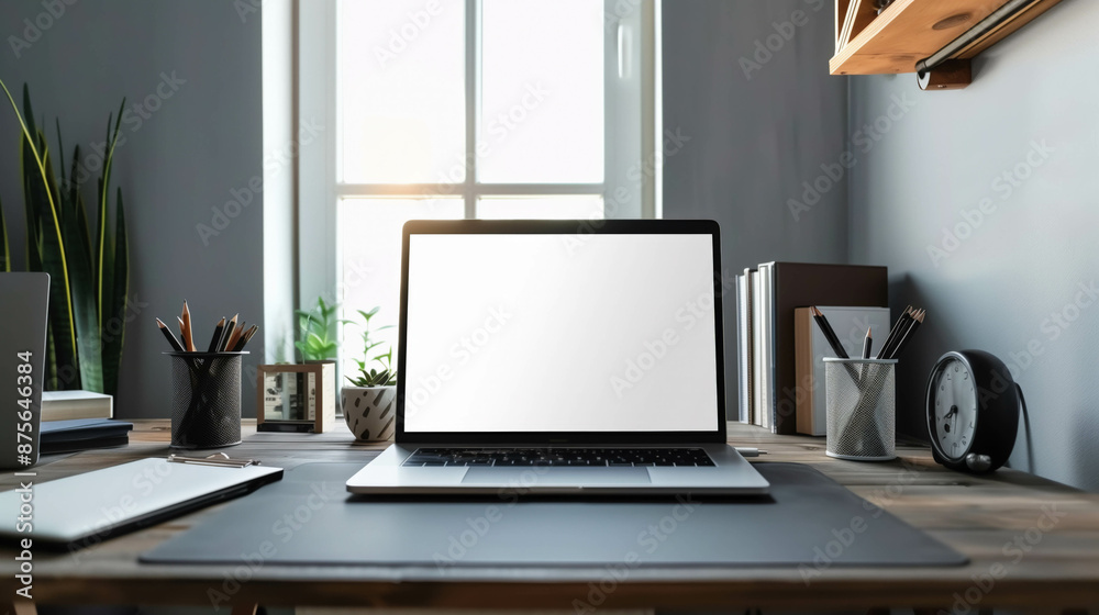 Modern home office desk setup with a blank laptop screen Modern home office desk setup with a blank laptop screen