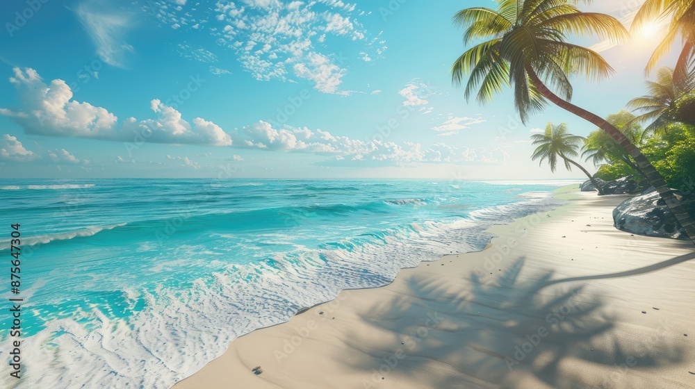 Stunning beach landscape with crystal-clear blue sea, white sand, and palm trees in bright sunlight. Stunning beach landscape with crystal-clear blue sea, white sand, and palm trees in bright sunlight.