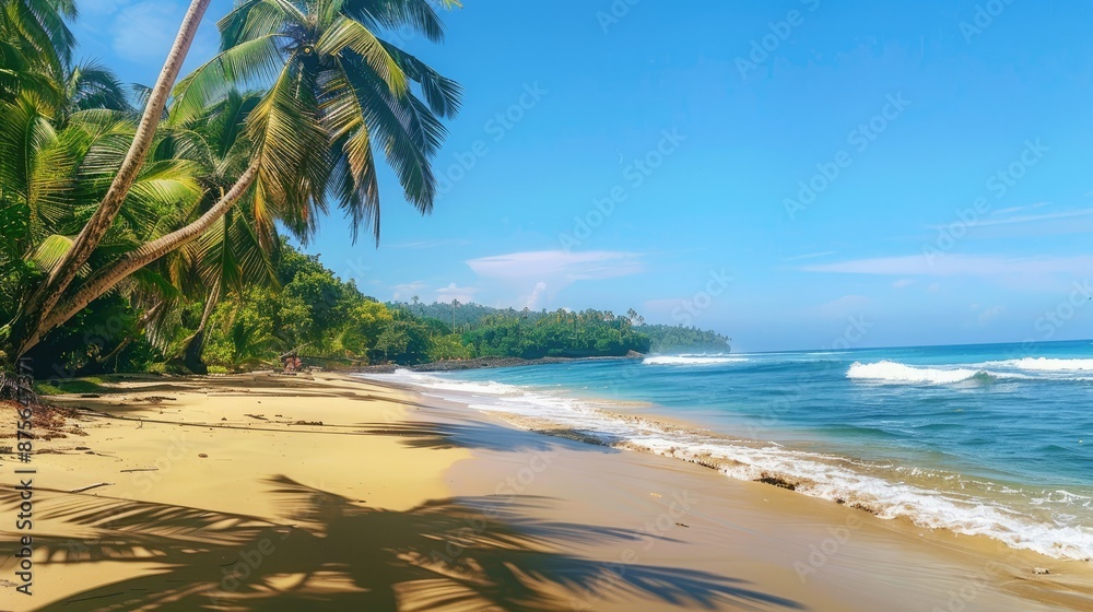 Stunning sunny beach with clear blue sea, golden sand, and lush palm trees. Stunning sunny beach with clear blue sea, golden sand, and lush palm trees.