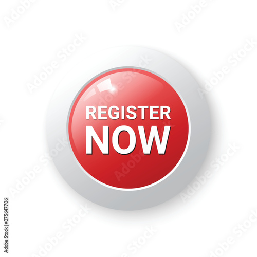Red Register Now circle button with shadow for use to your business website, vector eps10 isolated on white background.