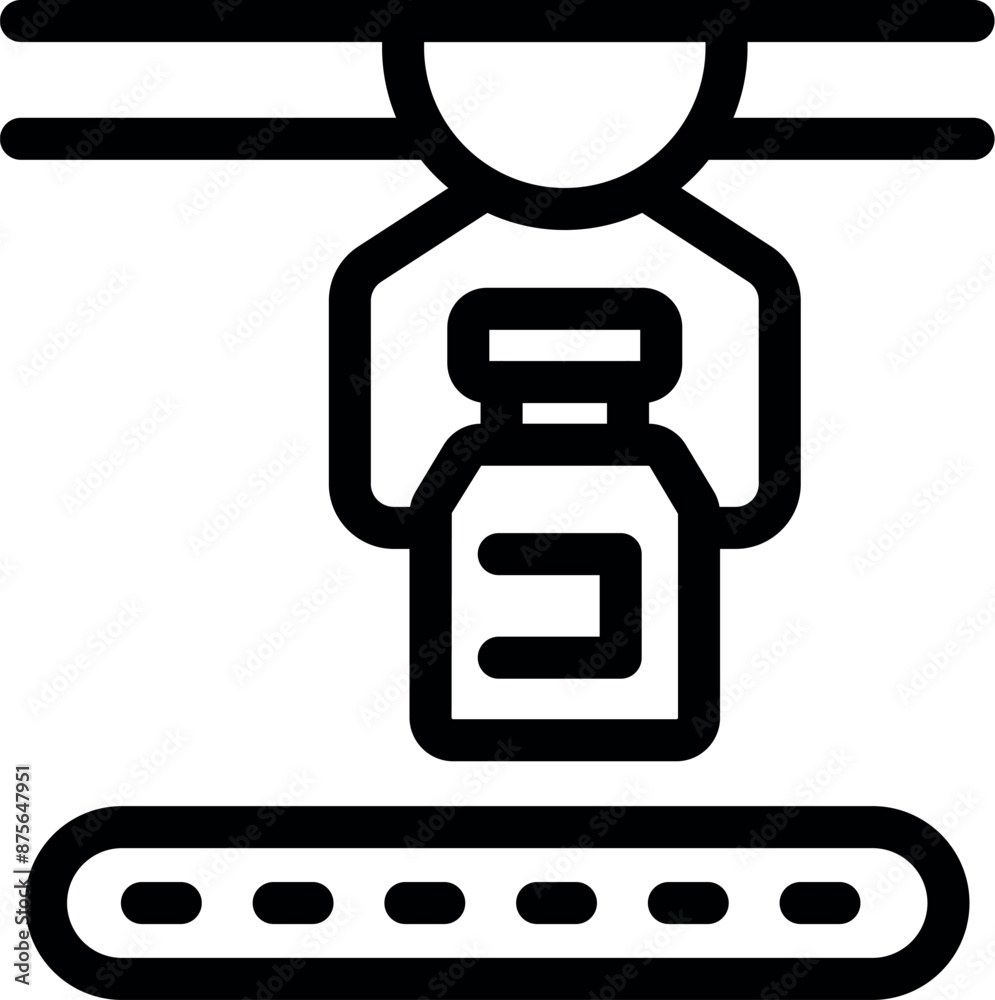 Manufacturing process transporting a bottle of pills on a factory belt Manufacturing process transporting a bottle of pills on a factory belt