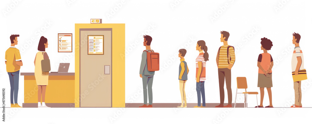 A group of people are waiting in line at a counter. The people are wearing backpacks and handbags A group of people are waiting in line at a counter. The people are wearing backpacks and handbags