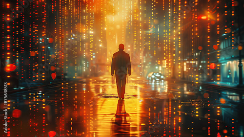 A man walks down the street, with glowing lights and digital code in the background
