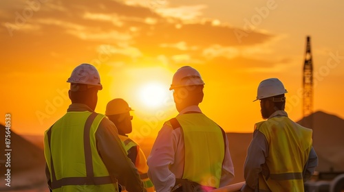 Four construction workers wearing hard hats and safety vests are standing in front of a large-scale construction project. © Copi