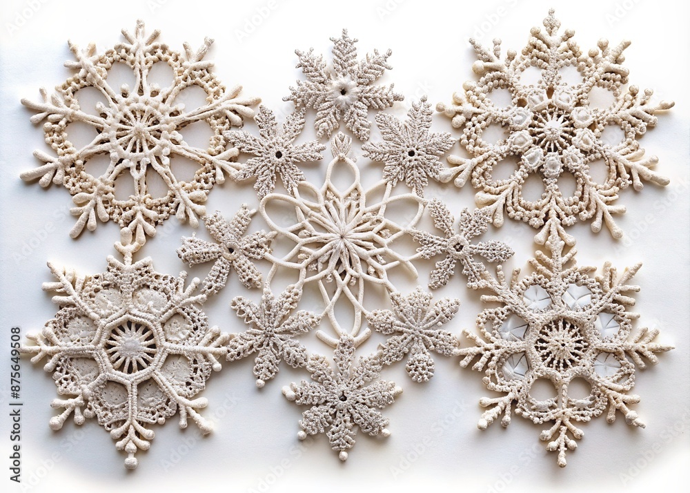 Intricate lace snowflakes from Vologda, Russia, adorn a white background, showcasing exquisite textile artistry, perfect for New Year's celebrations in a traditional Russian style design. Intricate lace snowflakes from Vologda, Russia, adorn a white background, showcasing exquisite textile artistry, perfect for New Year's celebrations in a traditional Russian style design.