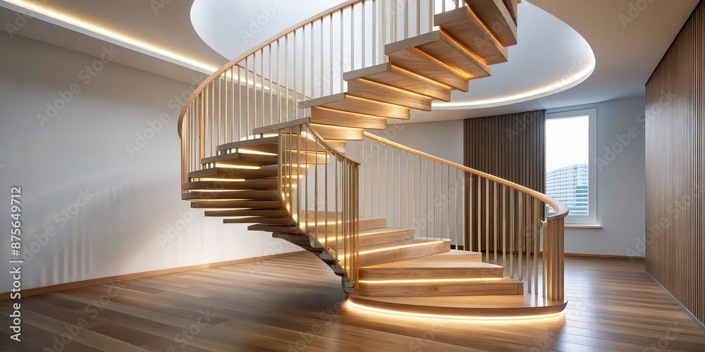 Modern minimalist spiral staircase with embedded LED strips under light ...