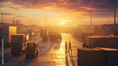 logistics and transportation concept, wide angle view of a busy shipping yard at sunset photo