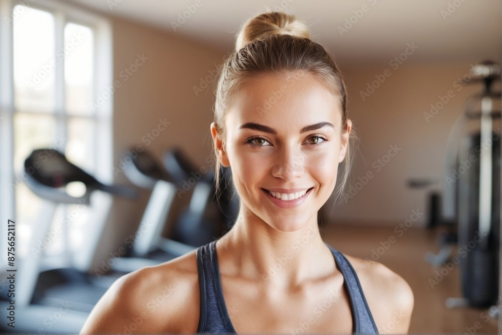 Obraz premium Beautiful young fitness woman standing at her home gym with copy space, smiling and looking at the camera.