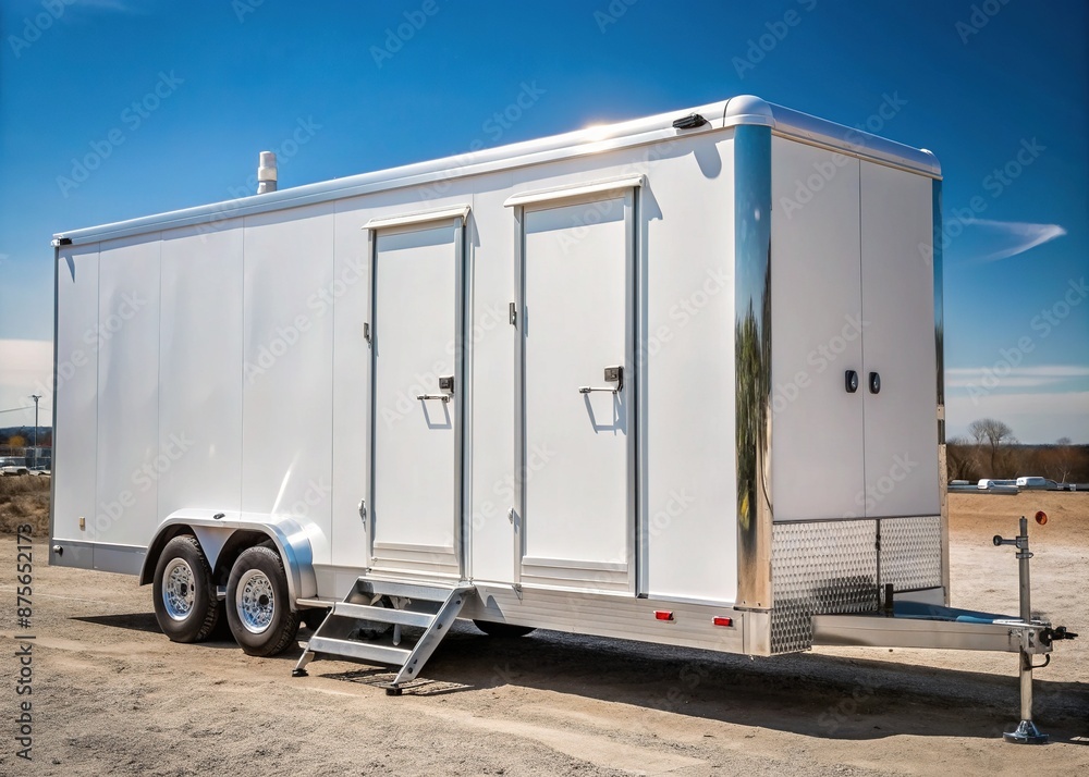 custom made wallpaper toronto digitalA sleek, modern, and clean white restroom trailer with chrome accents and a minimalist design, set against a neutral background, ready for construction sites.