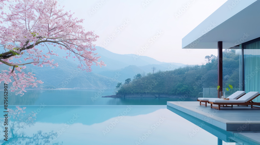 Fototapeta premium Hotel swimming pool accommodation by lake cherry blossom for relax vacation