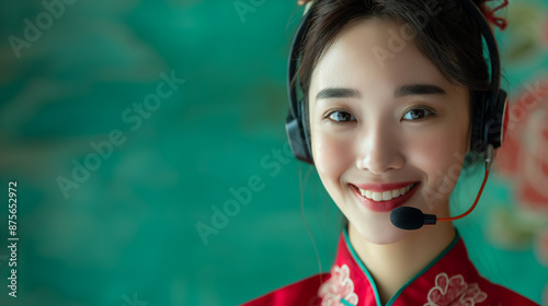 Smiling Asian woman in traditional red floral dress with headset, customer service representative, green background with copy space