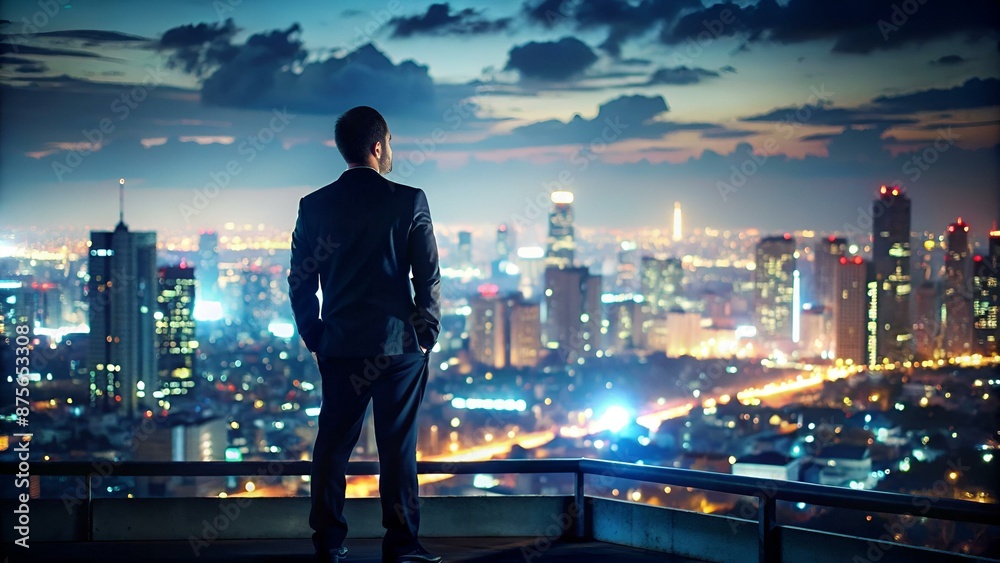 The dark figure of a man looking out over a city at night. The dark figure of a man looking out over a city at night.