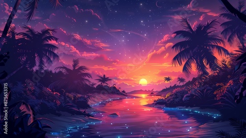 Tropical Beach Sunset with Palm Trees and Starry Sky Reflecting on Tranquil Water