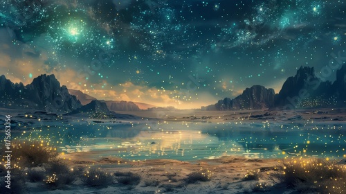 Nighttime Beach Scene with Starry Sky Palm Trees and Reflective Water at Vibrant Sunset