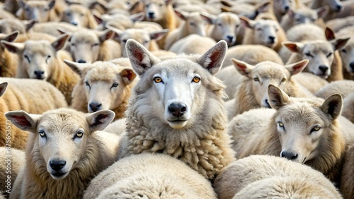 A wolf disguised among a flock of sheep, symbolizing deception, blending in with the crowd, and the concept of a hidden threat.