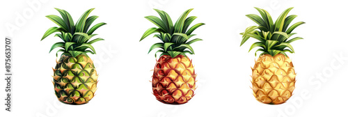 Set of 3 pineapples isolated on transparent background. Colorful cartoon style illustration.  