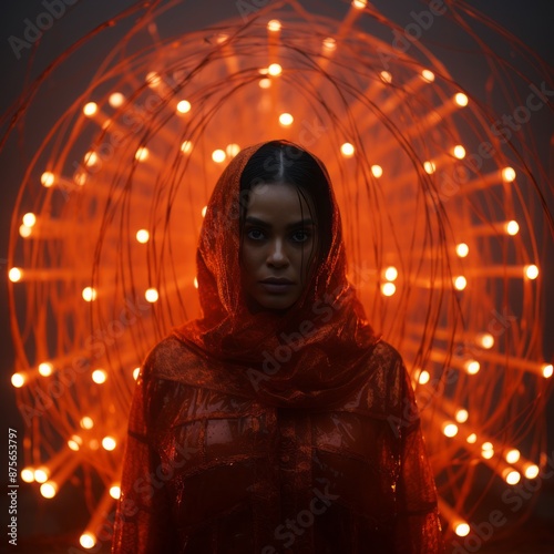 an image of a woman wearing an orange scarf in front of a circle of lights © AberrantRealities