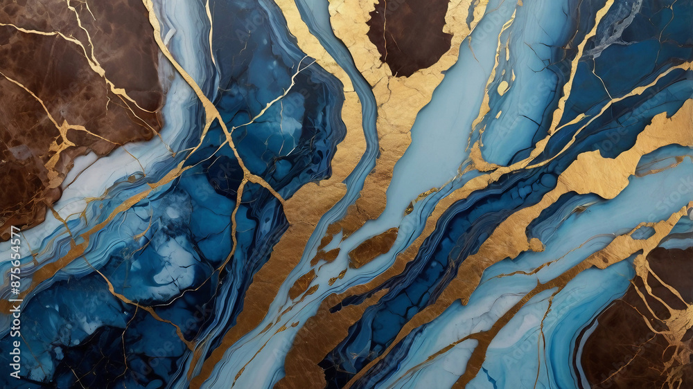 Modern abstract artwork, featuring a luxurious blue and brown with golden ink marble design.Abstract painting, can be used as a trendy background for wallpapers, posters, cards, invitations, websites.