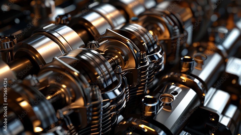 A close up of a machine with many parts. The image has a metallic, industrial feel to it A close up of a machine with many parts. The image has a metallic, industrial feel to it