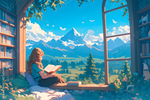 Cozy Girl sitting on a window seat, reading a book with a mountain view. Anime style, Cozy vibes