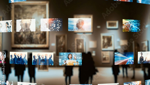 Fényképezés People at an art gallery and video contents concept