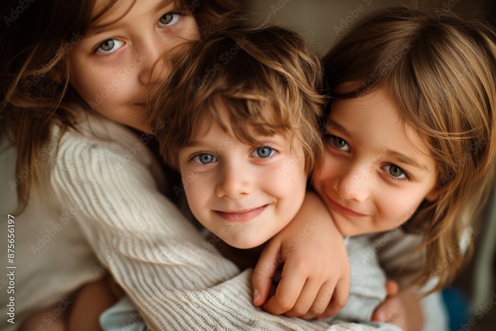 Smiling Siblings Embracing with Joy and Warmth Close-Up Portrait Family Bond Concept Smiling Siblings Embracing with Joy and Warmth Close-Up Portrait Family Bond Concept