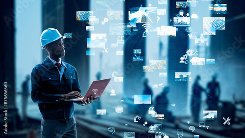 Принти на полотні Engineer working in construction site and digital technology concept