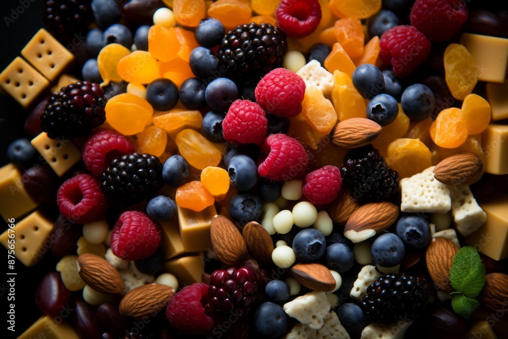 assorted fruit and nuts on a black background assorted fruit and nuts on a black background