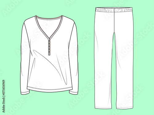 ladies nightwear henley t-shirt and trouser flat sketch vector. 