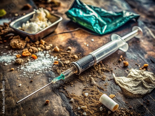 A used heroin syringe lies on a dirty surface, its needle bent and worn, surrounded by torn foil and scattered drug paraphernalia remnants.