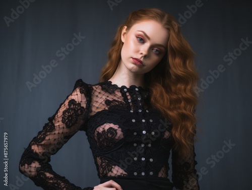 beautiful red haired woman in black lace dress