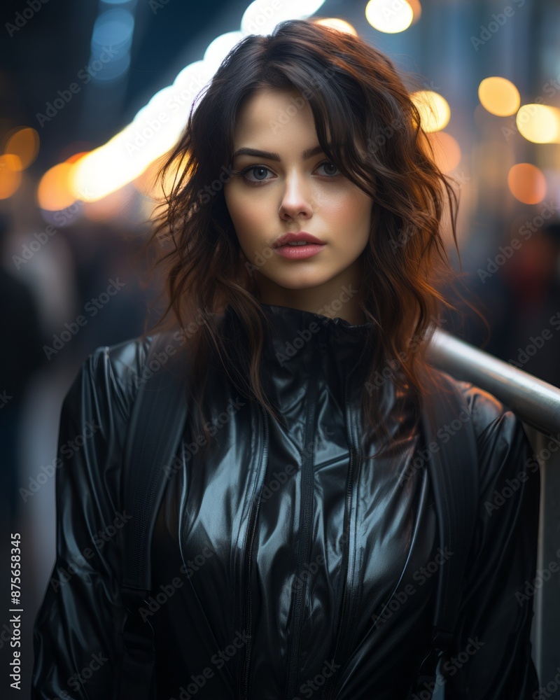 beautiful woman in black leather jacket in the city at night beautiful woman in black leather jacket in the city at night