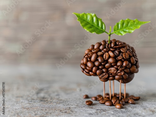 Coffee beans sprouting into brainshaped plants, representing growth of ideas photo