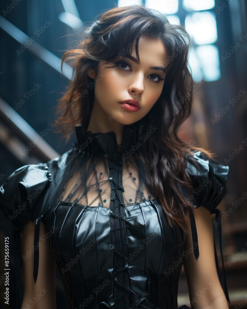beautiful young woman in black leather dress posing for the camera beautiful young woman in black leather dress posing for the camera