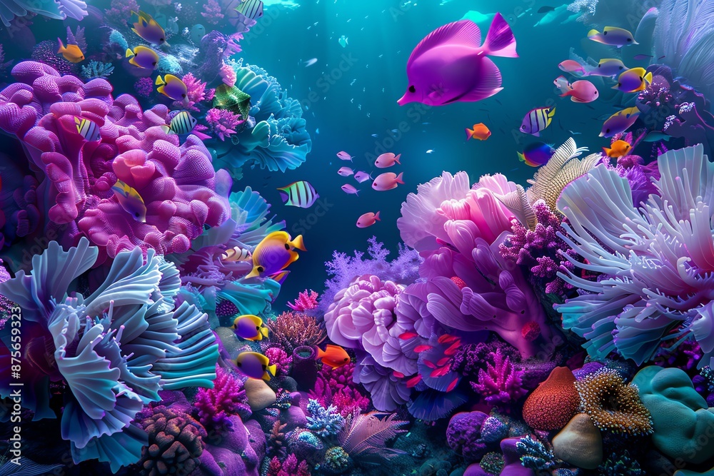Underwater coral reef with intricate coral formations and various sea creatures, side view, depicting the delicate and vibrant underwater world, digital tone, Triadic color scheme Underwater coral reef with intricate coral formations and various sea creatures, side view, depicting the delicate and vibrant underwater world, digital tone, Triadic color scheme