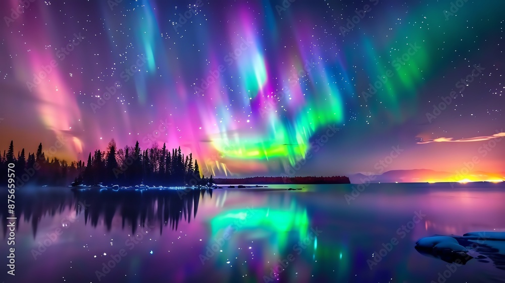 Northern Lights dancing across the sky above a tranquil lake Northern Lights dancing across the sky above a tranquil lake