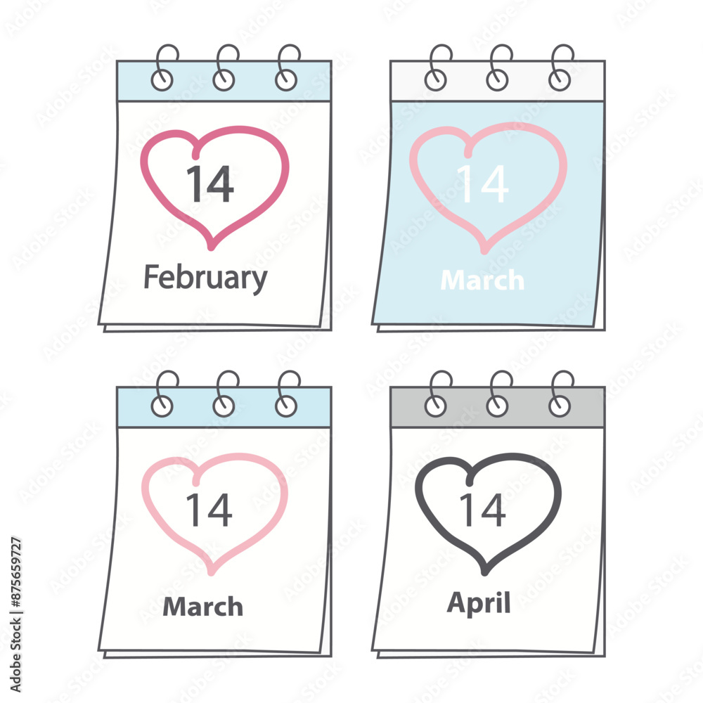 Calendar page with love holiday date and heart shaped stroke around number. Greetings idea. Set of 4