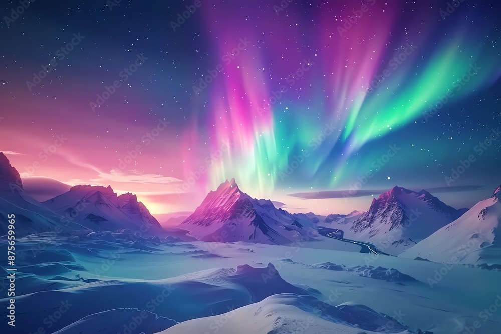 Aurora Borealis illuminating the night sky with vibrant colors over a snowy landscape Aurora Borealis illuminating the night sky with vibrant colors over a snowy landscape