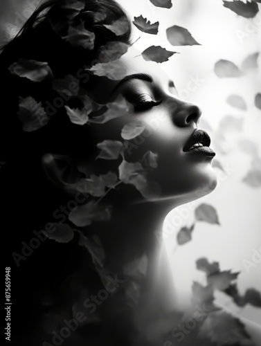 black and white photo of a woman with leaves falling on her face