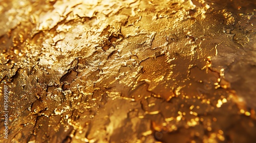 Molten gold surface with a rough texture. Golden foil with a shiny surface. Abstract background for design. photo