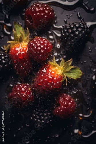 blackberries and raspberries on a black background with water droplets