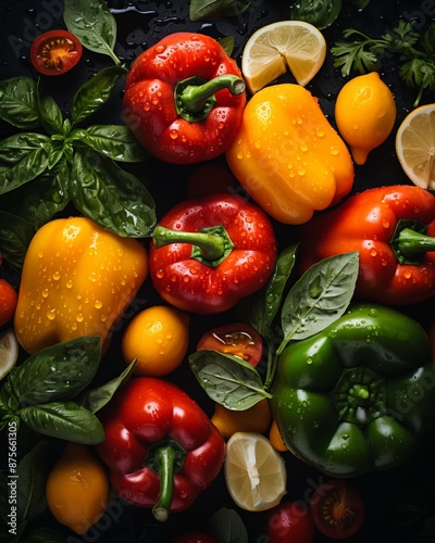 colorful peppers and lemons on a black background stock photo