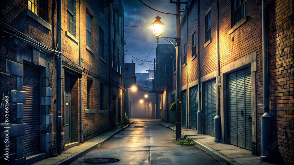 Deserted alleyway at night, flickering streetlight, ominous shadows lurking, a sense of imminent danger, Urban, Photorealistic Deserted alleyway at night, flickering streetlight, ominous shadows lurking, a sense of imminent danger, Urban, Photorealistic