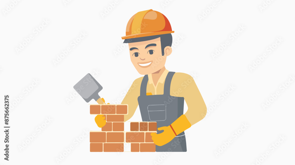 A n asian bricklayer in uniform and hard hat. Brickbat A n asian bricklayer in uniform and hard hat. Brickbat
