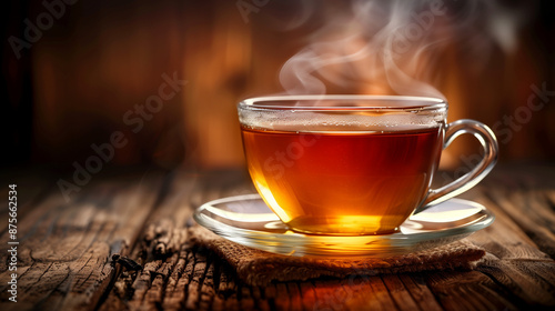 Hot tea cup on wood background