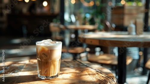 Creamy iced coffee on a rustic cafe table