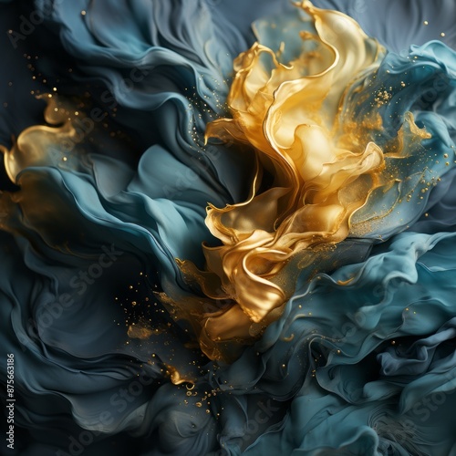 gold and blue liquid flowing over a black background