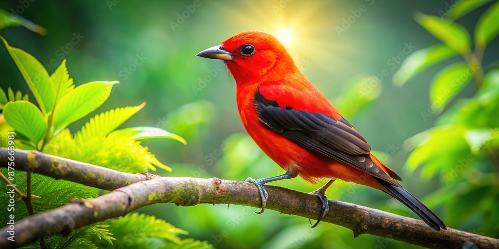 Vibrant scarlet tanager perches on a branch amidst lush green foliage, its bright plumage glowing against a serene forest backdrop with soft, filtered light. Vibrant scarlet tanager perches on a branch amidst lush green foliage, its bright plumage glowing against a serene forest backdrop with soft, filtered light.